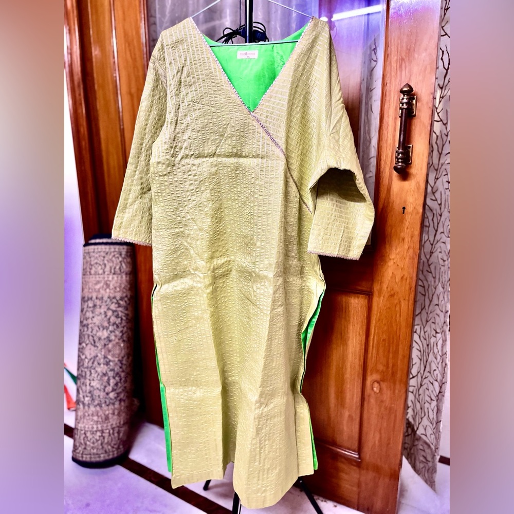 Brand New!TruBrowns Pure Silk English Green Kurta;Beautiful Parrot Green Lining - Picture 5 of 13